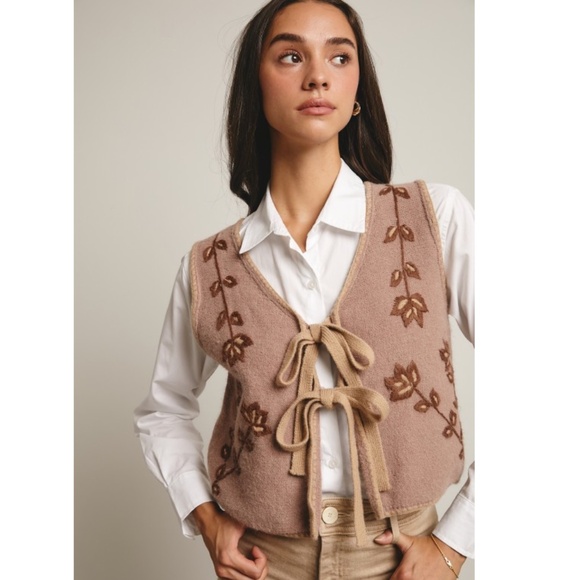 “The Sasha" Mocha Floral Tie-front Knit Vest - Picture 1 of 5